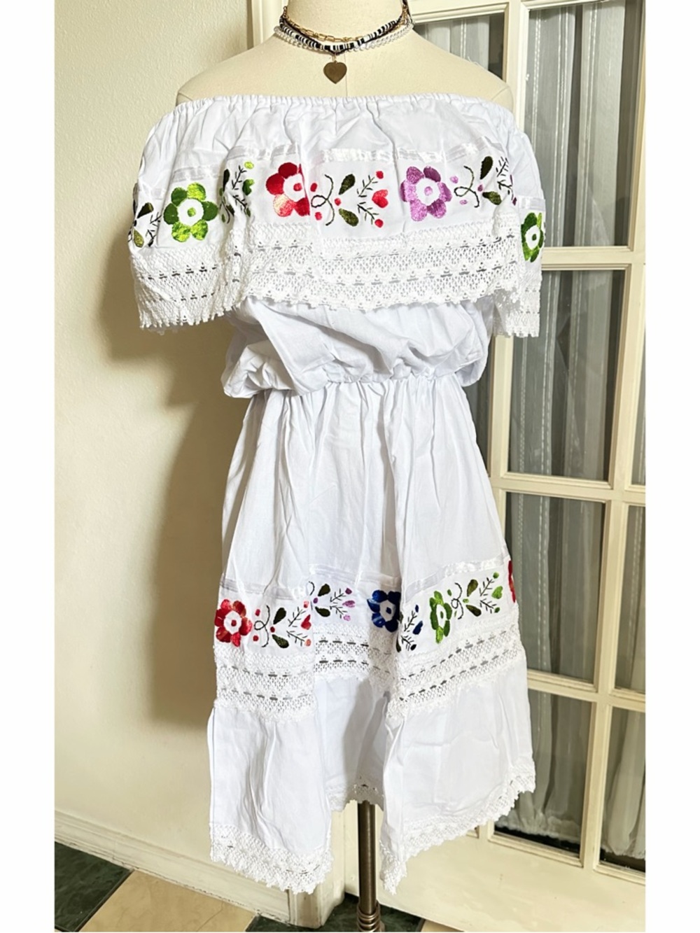 Mexican Boho Off The Shoulder Dress OS NEW - Picture 5 of 5